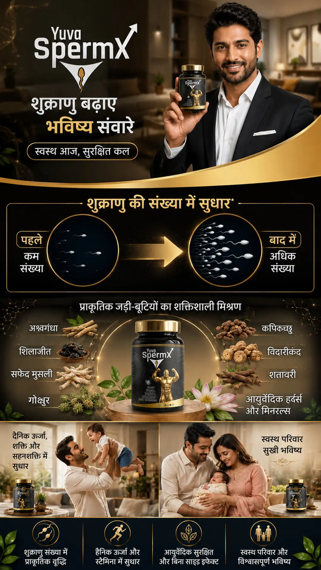 Yuva SpermX benefits poster - sperm count, stamina, timing, strength